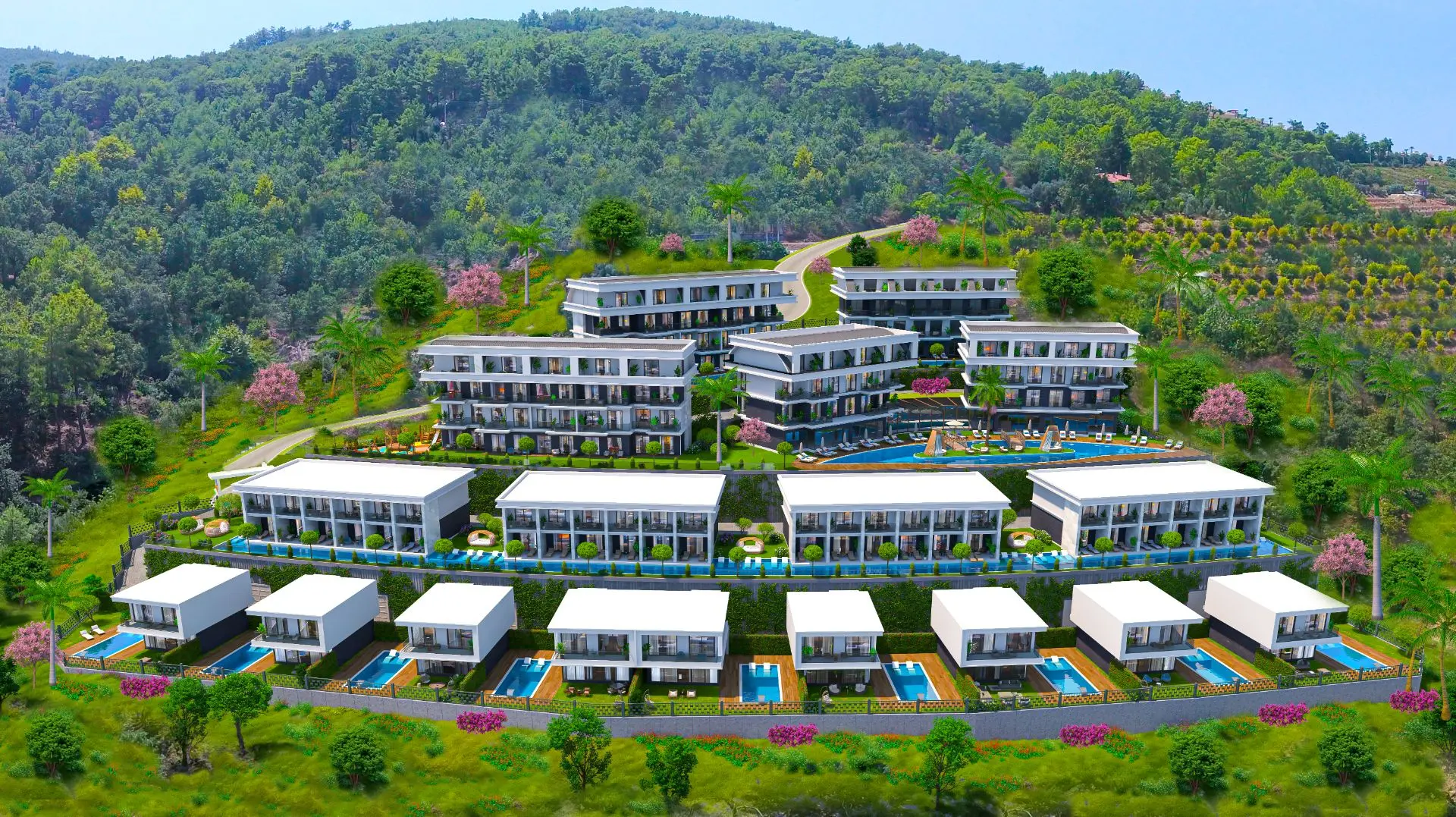 COMPLEX WITH VILLAS AND TOWNHOUSES WITH SEA VIEWS IN ALANYA, KARGICAK